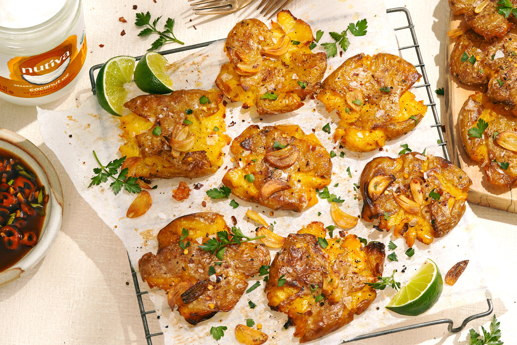 Crispy Smashed Potatoes with Garlicky All-Purpose Coconut Oil