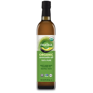A 16 fl. oz. glass bottle of Nutiva organic avocado oil on a white background