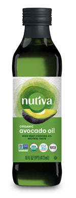 A 16. fl. oz. glass bottle of Nutiva organic avocado oil on a white background